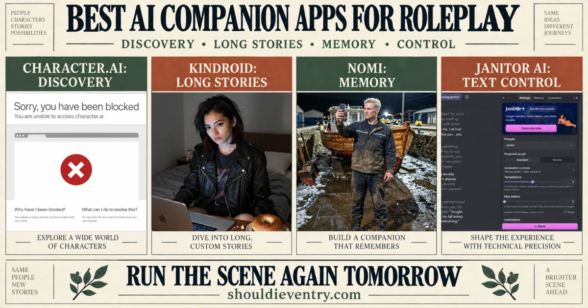 Best AI companion apps for roleplay in 2026 compared by memory, character control, scene depth, free access, and price