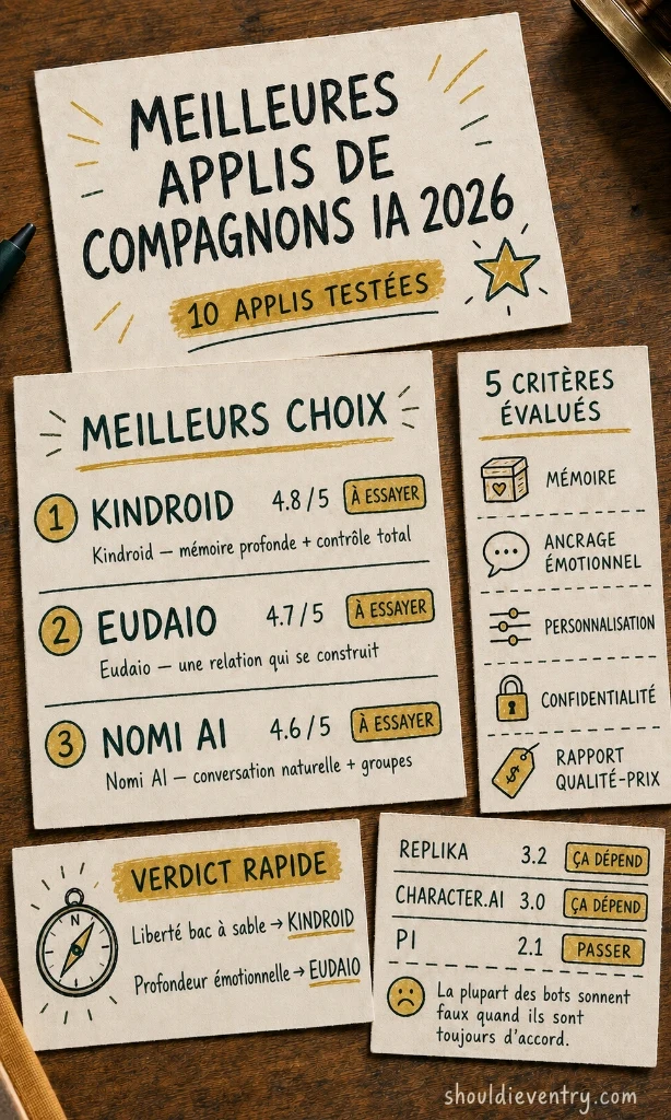 Tableau comparatif des meilleures applications de compagnon IA gratuites en 2026
