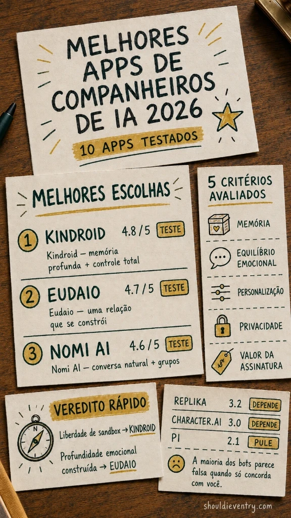 Matriz de comparação dos melhores aplicativos de IA companheira em 2026
