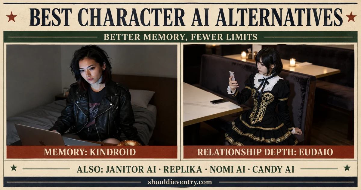 Best Character AI alternatives in 2026 infographic featuring real Kindroid and Eudaio generated characters with tested picks for memory and control