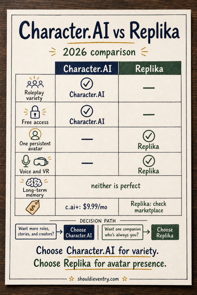 Character.AI vs Replika comparison for memory, roleplay, avatars, voice calls, privacy, and subscription pricing