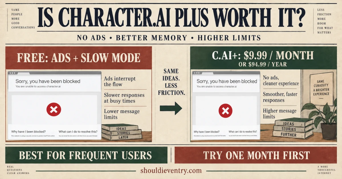 Character.AI Plus 2026 buying guide comparing ads, memory, chat styles, limits, and price