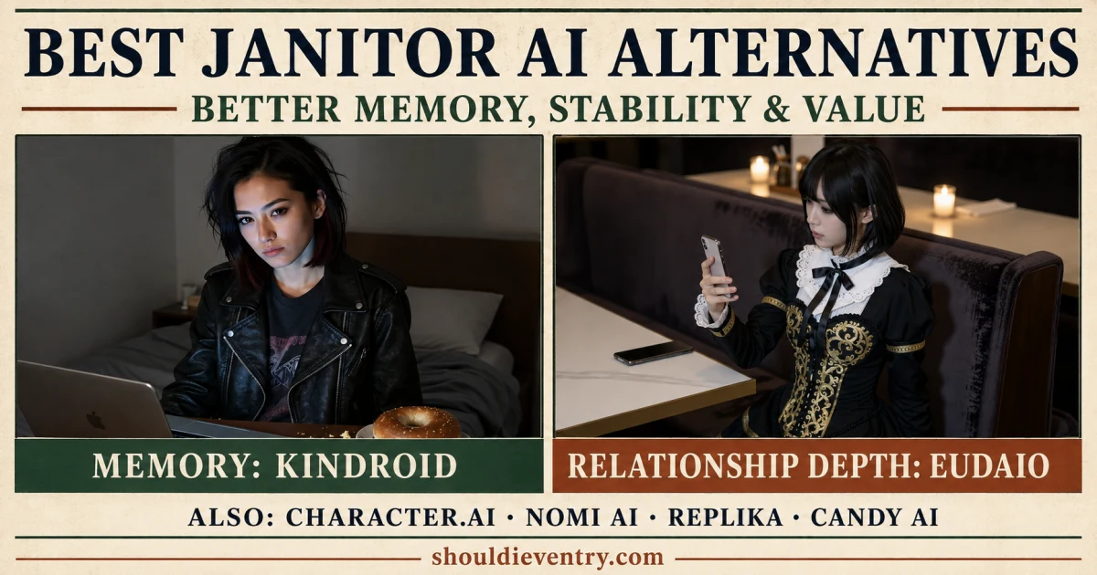 Best Janitor AI alternatives 2026 comparison infographic featuring tested companion images and picks for memory, stability, relationship depth, avatars, and free roleplay