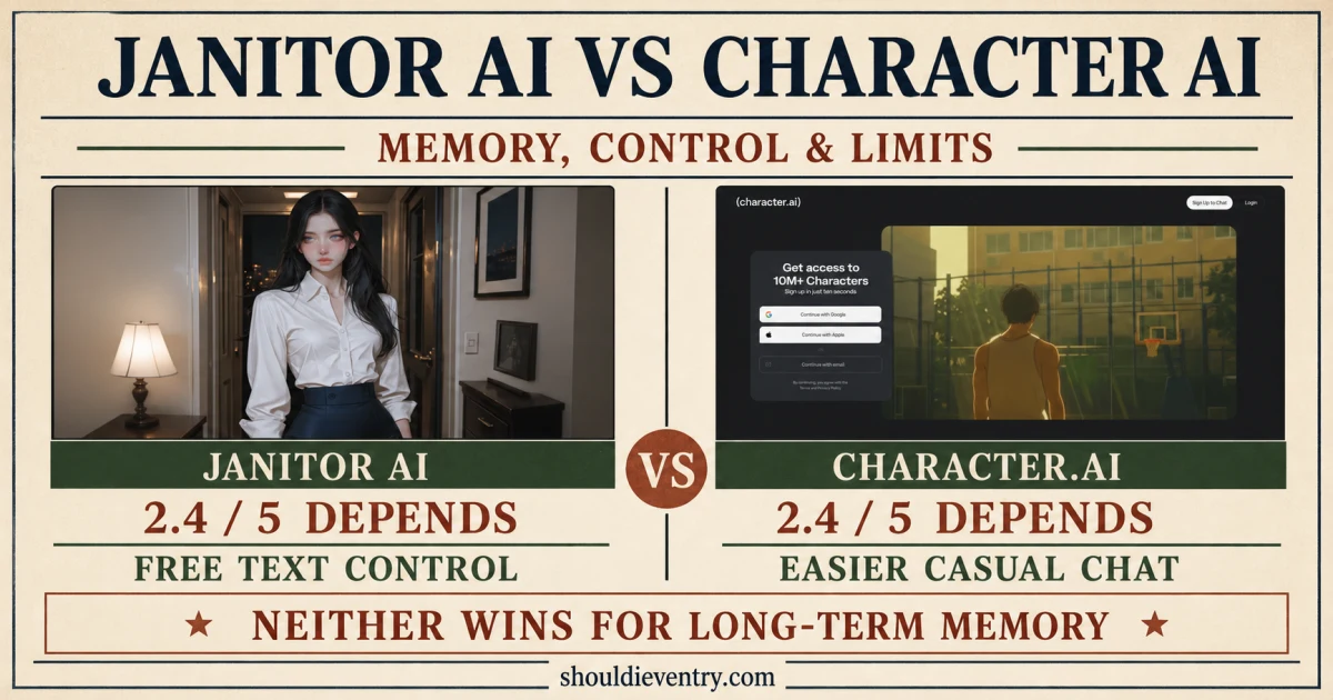 Janitor AI vs Character AI 2026 comparison infographic showing both rated 2.4 out of 5 with free text control, casual roleplay, and memory verdicts