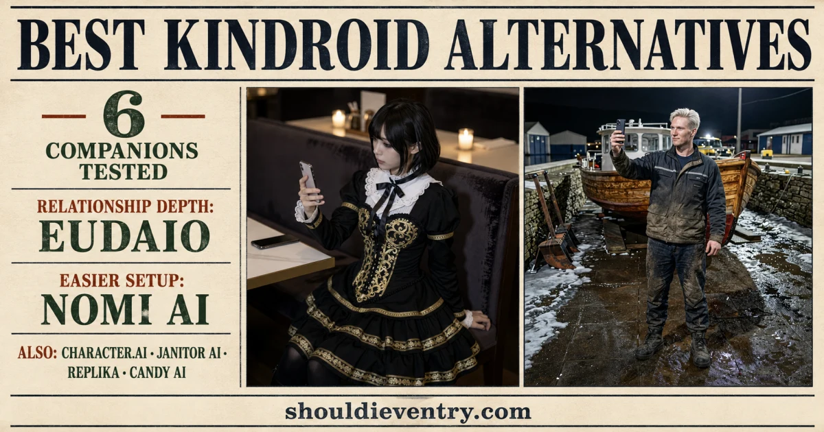 Best Kindroid alternatives in 2026 comparison infographic showing Eudaio and Nomi AI character images with six tested options for memory, price, and control