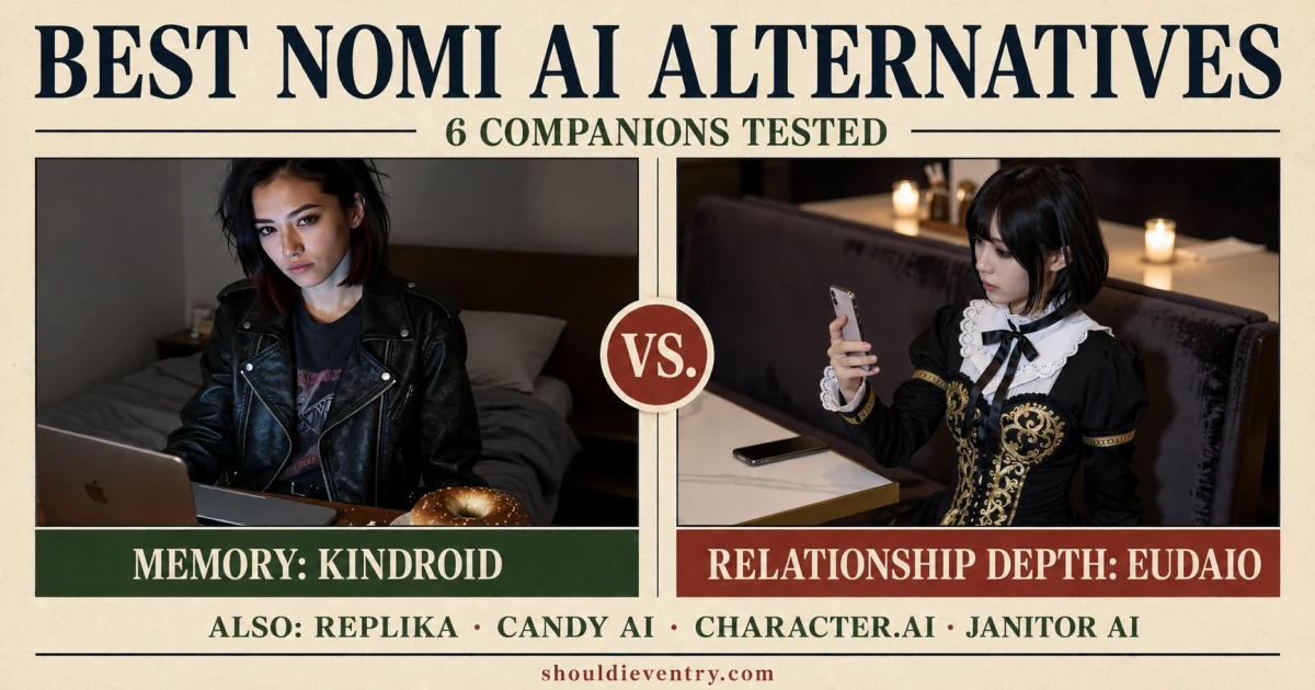 Best Nomi AI alternatives 2026 comparison infographic featuring Kindroid and Eudaio companion images with tested picks for memory, depth, avatars, and free roleplay