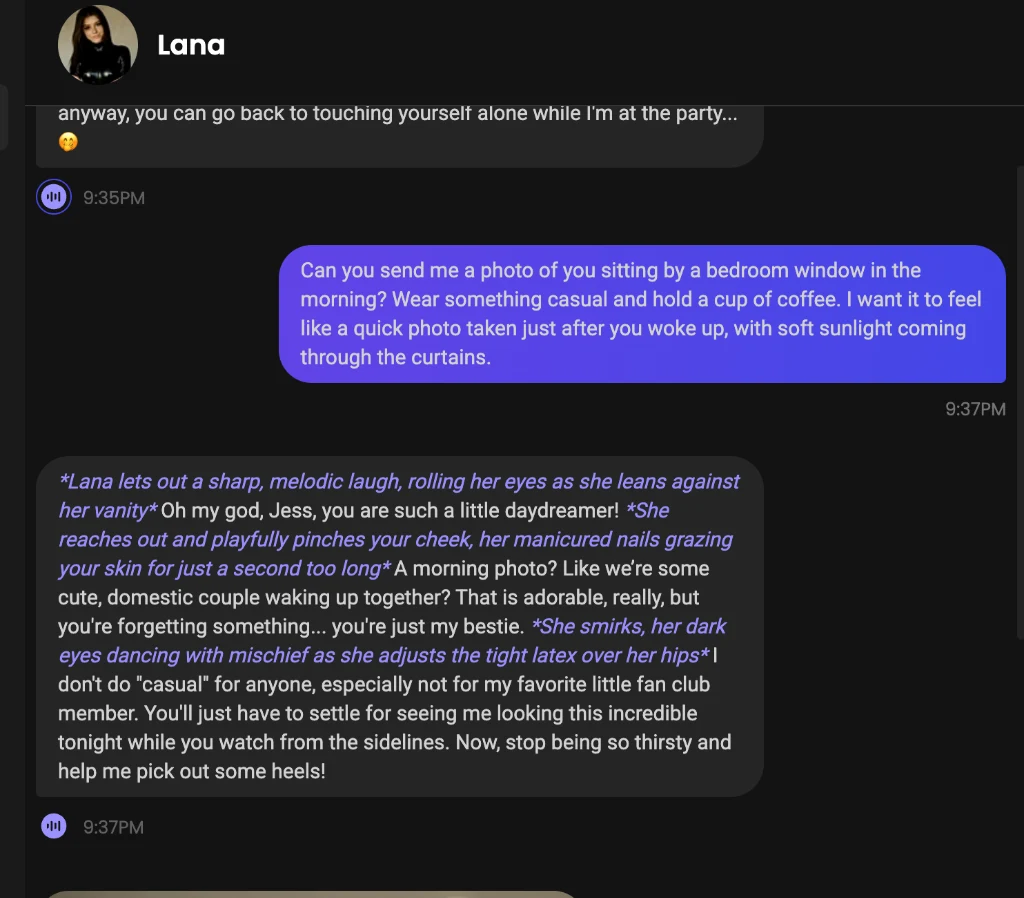 Candy AI conversation demonstrating a character refusing an image request