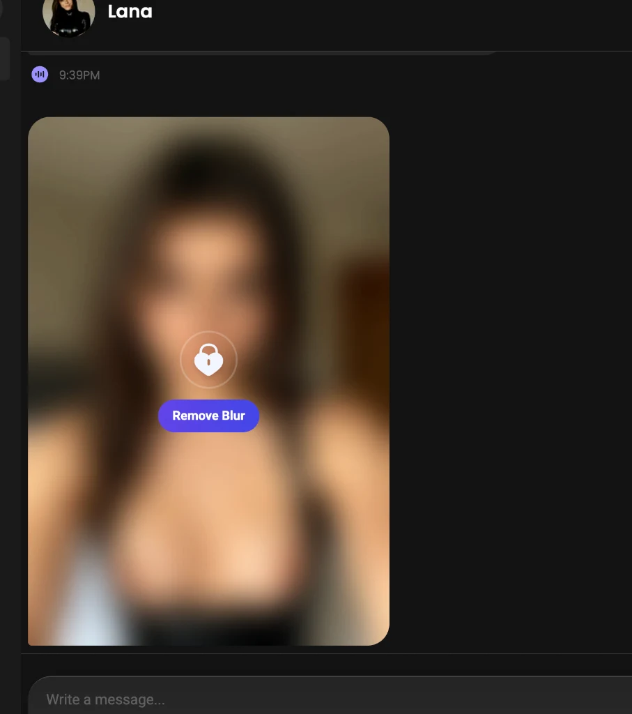 Candy AI chat showing a blurred generated image locked behind payment