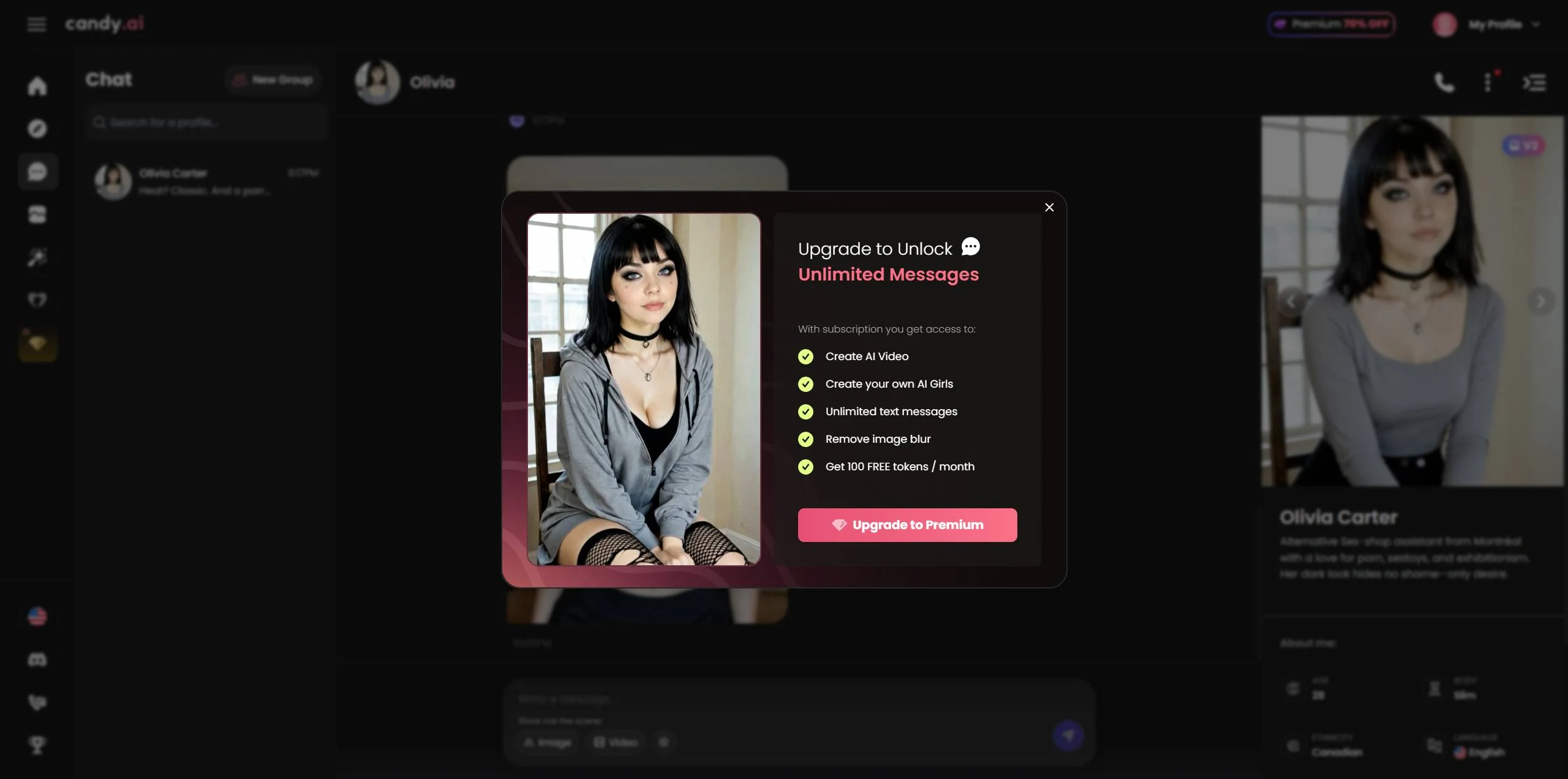 A Candy AI generated image delivered inside the Upgrade to Unlock paywall modal on the free tier