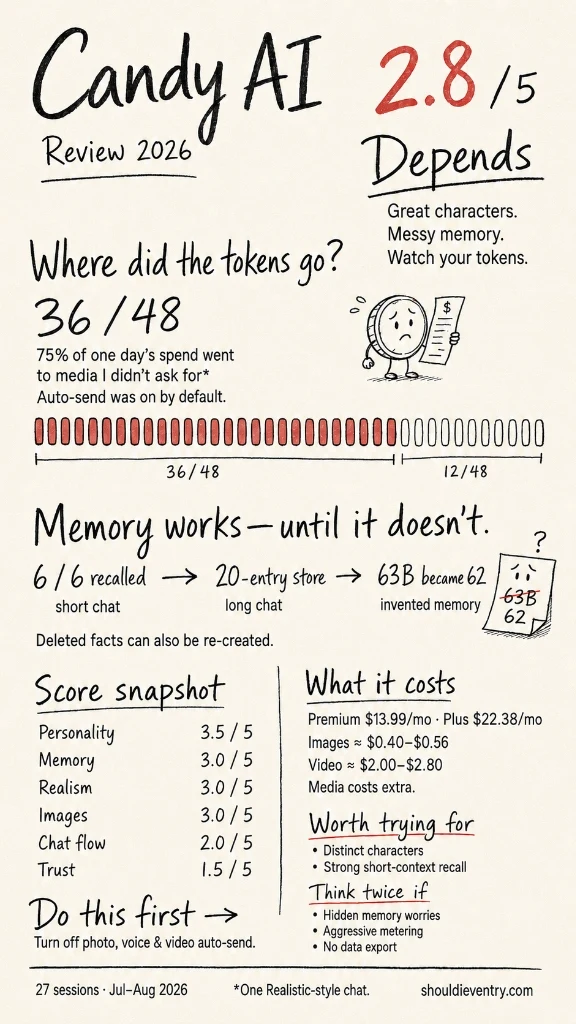 Candy AI Review 2026 Infographic: Scored 2.8/5, Verdict Depends, 36/48 tokens spent on unsolicited media, memory analysis, score snapshot, and cost breakdown