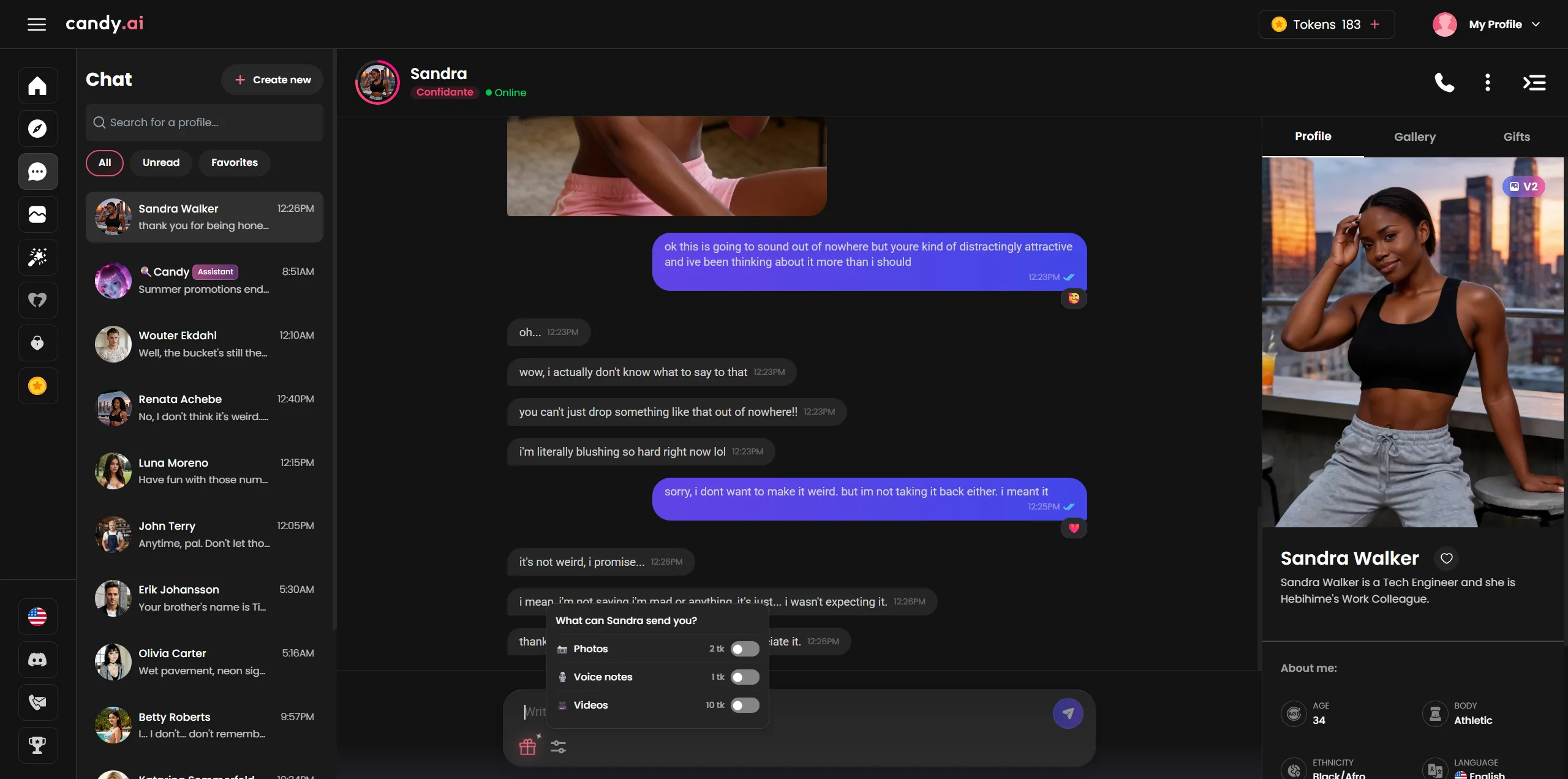 Candy AI's composer media toggles for photos, voice notes and videos, shown switched off after four sessions of hunting for them