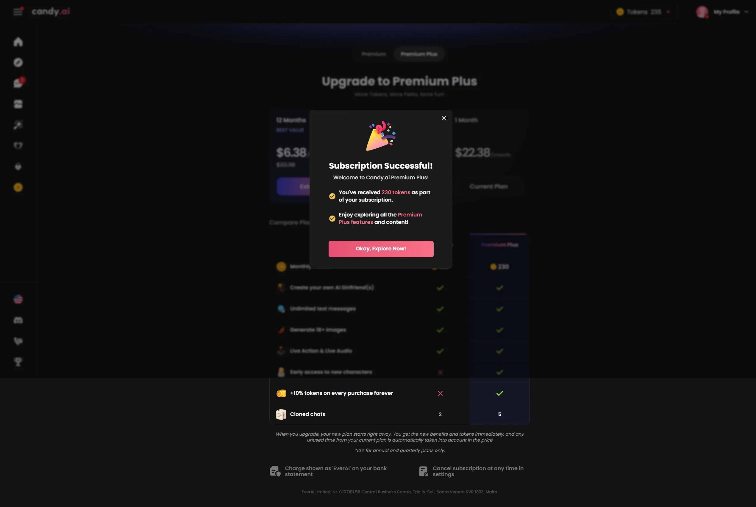 Candy AI Premium Plus purchase confirmation granting 230 tokens, over a plan comparison table that carries no video row