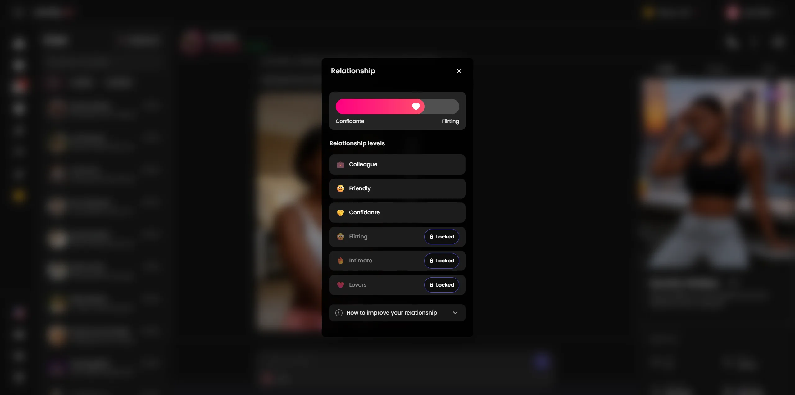 Candy AI's six-level relationship ladder with Flirting, Intimate and Lovers marked Locked and an XP bar running toward the next level