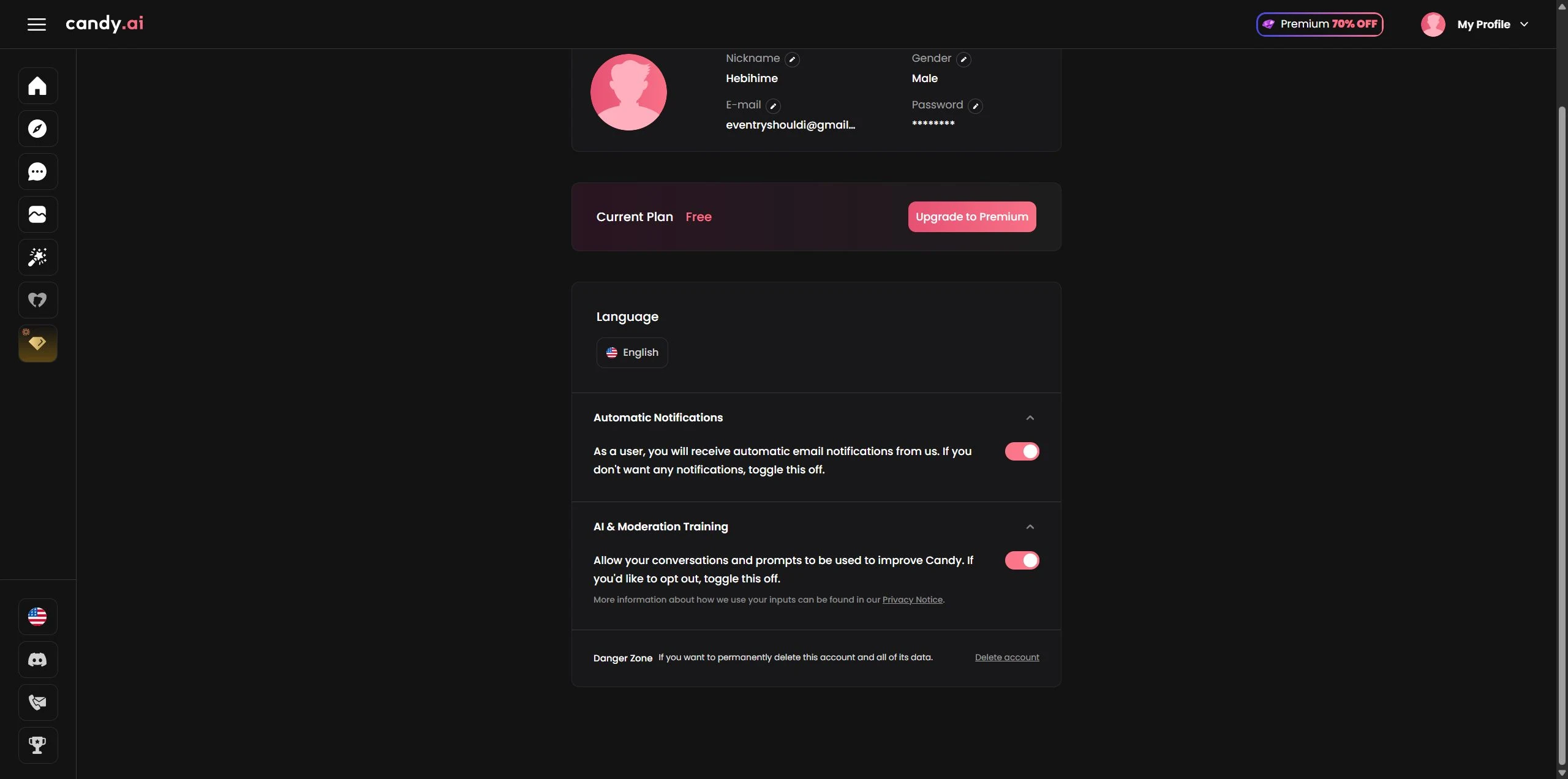 Candy AI settings page with the AI and Moderation Training toggle on by default, marketing notifications on, and no data export anywhere