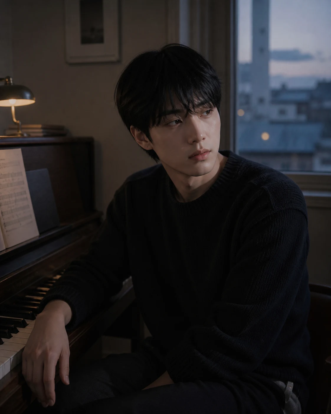 Han-sol, an Eudaio companion, beside a piano at blue hour