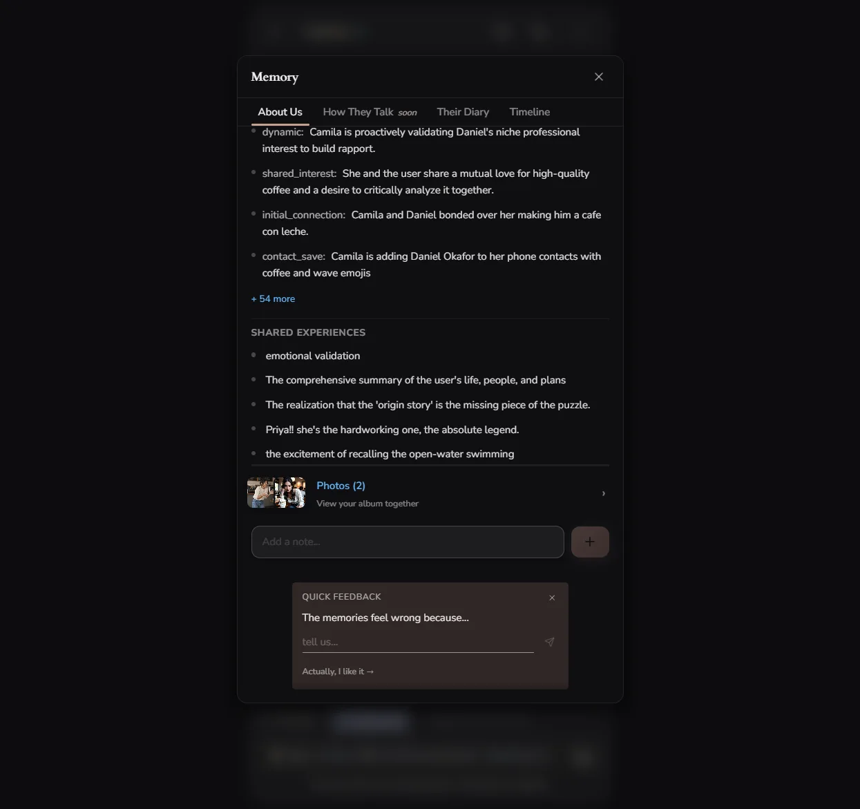 Memory panel at scale, dozens of extracted facts plus a shared experiences list