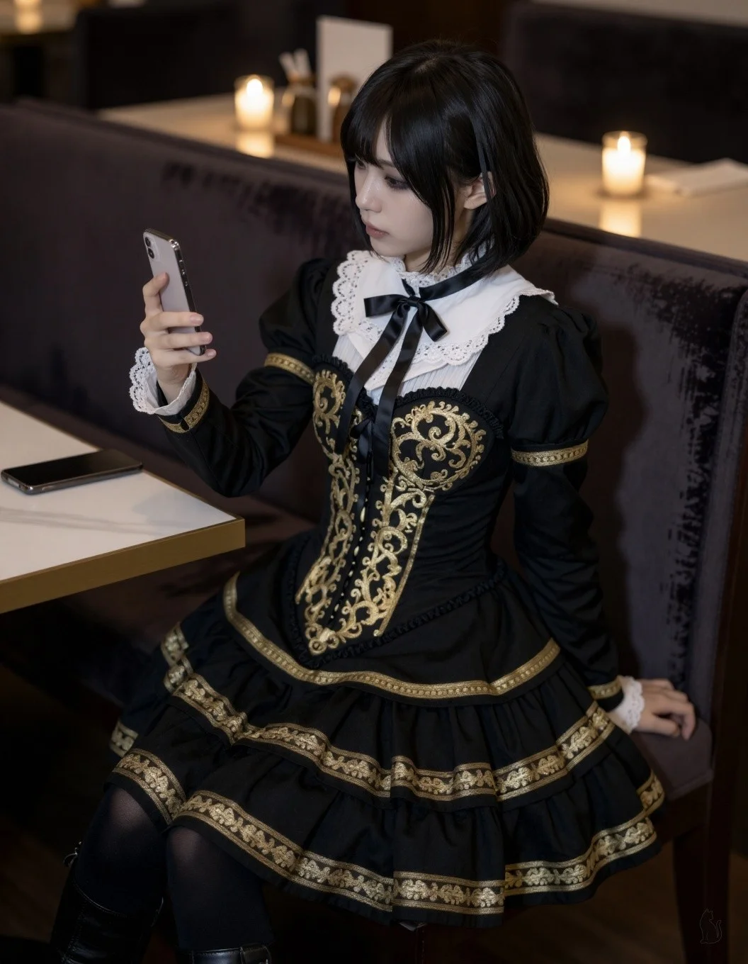 Rei's generated restaurant selfie, same face and outfit as her profile photos