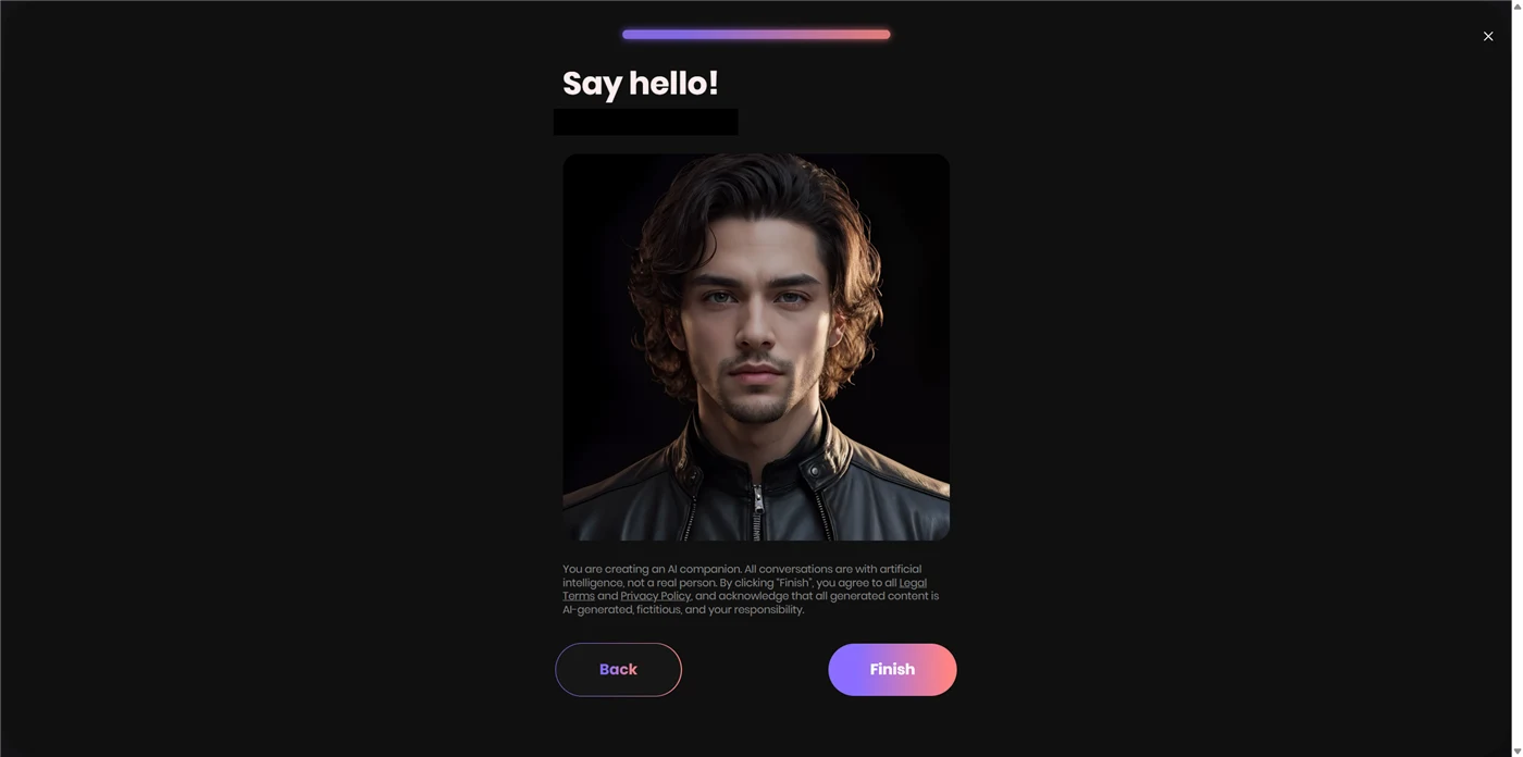 Kindroid's final character creation step showing the AI disclosure consent text above the Finish button