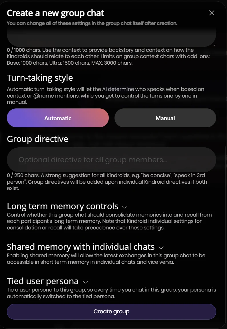 Kindroid group chat creation dialog with long term memory controls, shared memory toggle, and tied persona settings