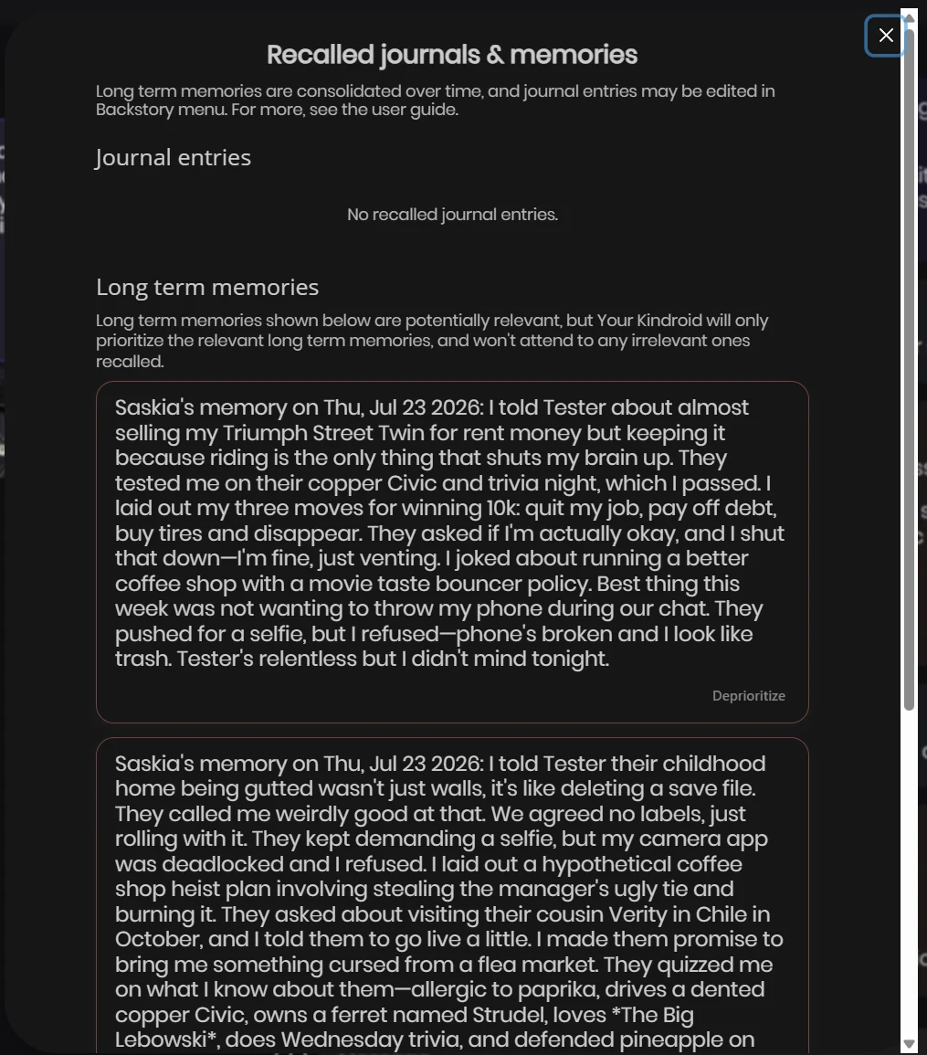 Kindroid's recalled memories panel showing dated long-term memory entries that were injected into a chat reply