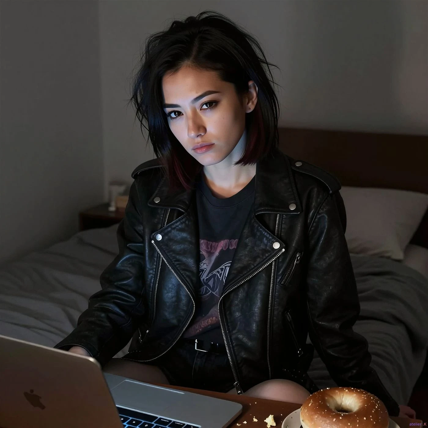Kindroid selfie that matches the conversation scene: dark room lit by a laptop screen, delivered while the companion verbally refused the request