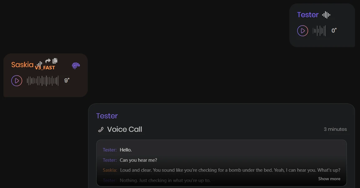 Kindroid chat log showing a zero-second voice message from the tester and the companion's nine-second audio reply to speech that never happened