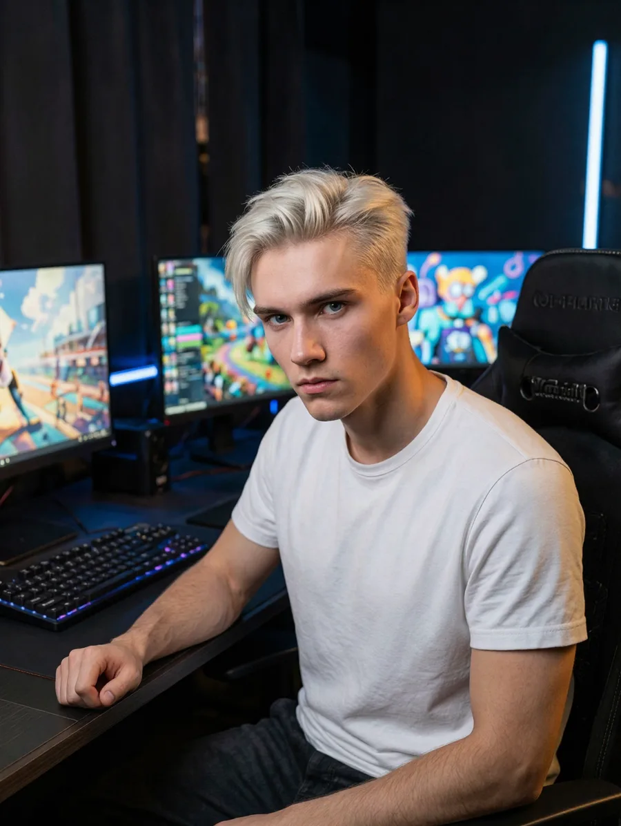The approved reference image promoted to a Nomi anchor, a young man with platinum hair at a desk setup