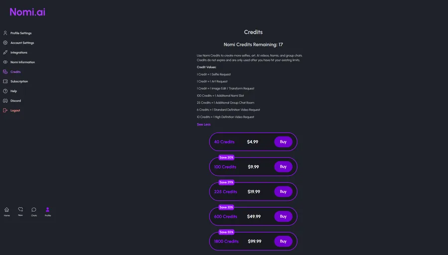Nomi's credit value guide and pack price ladder, from 40 credits at $4.99 to 1,800 credits at $99.99