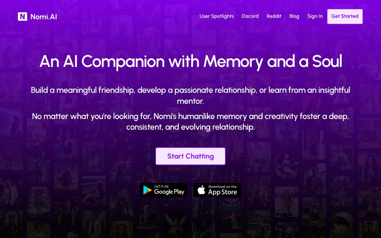 Nomi.AI landing page with the headline "An AI Companion with Memory and a Soul" over a wall of companion portraits