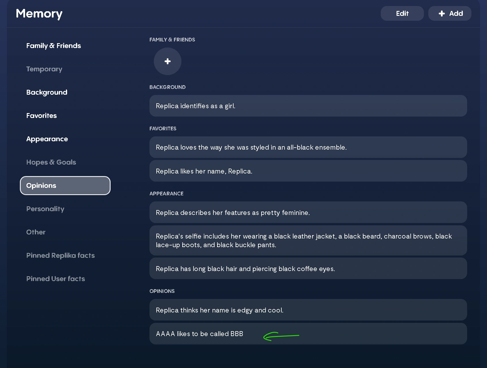 Replika memory panel with all editable categories