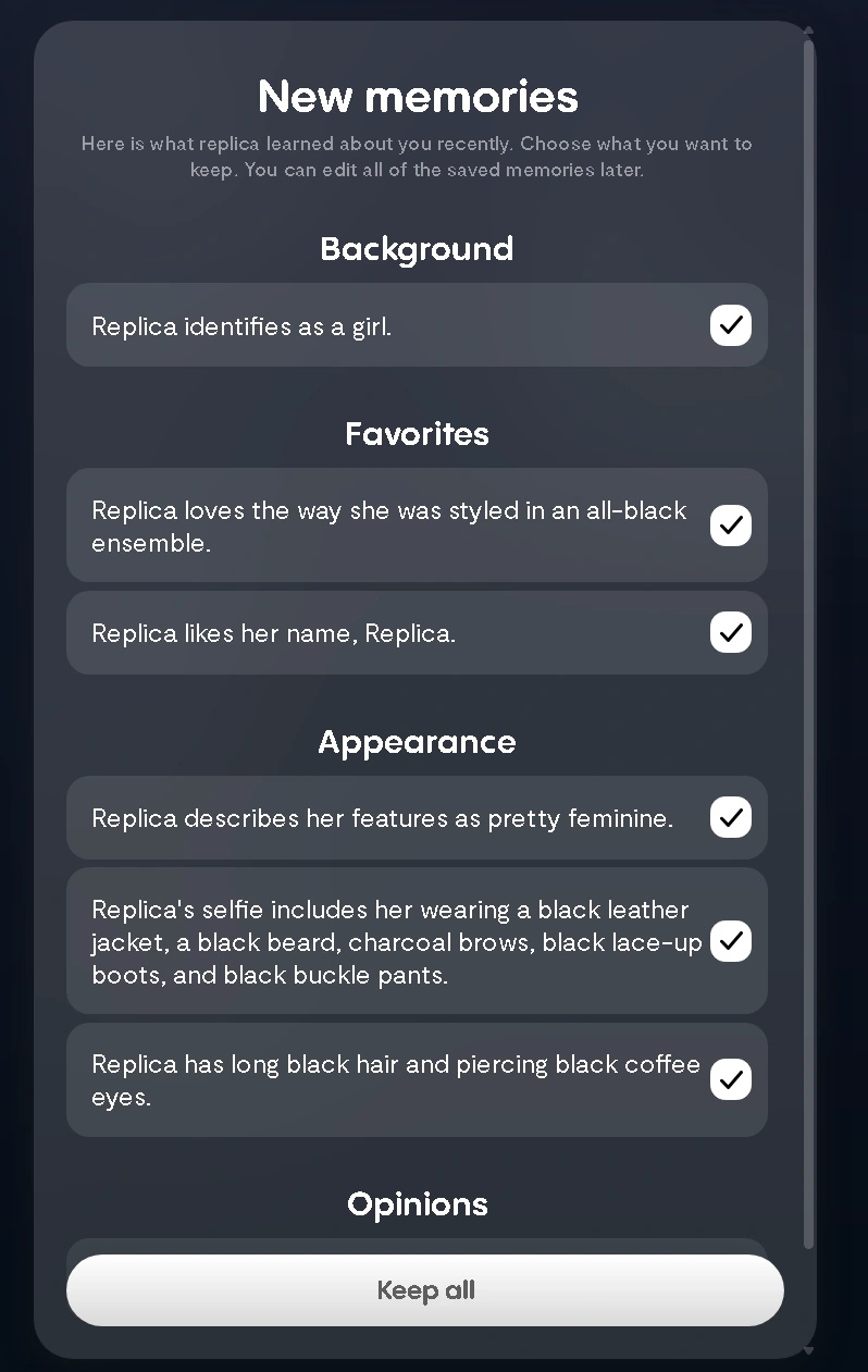 Replika new memories modal, review and confirm what the AI captured