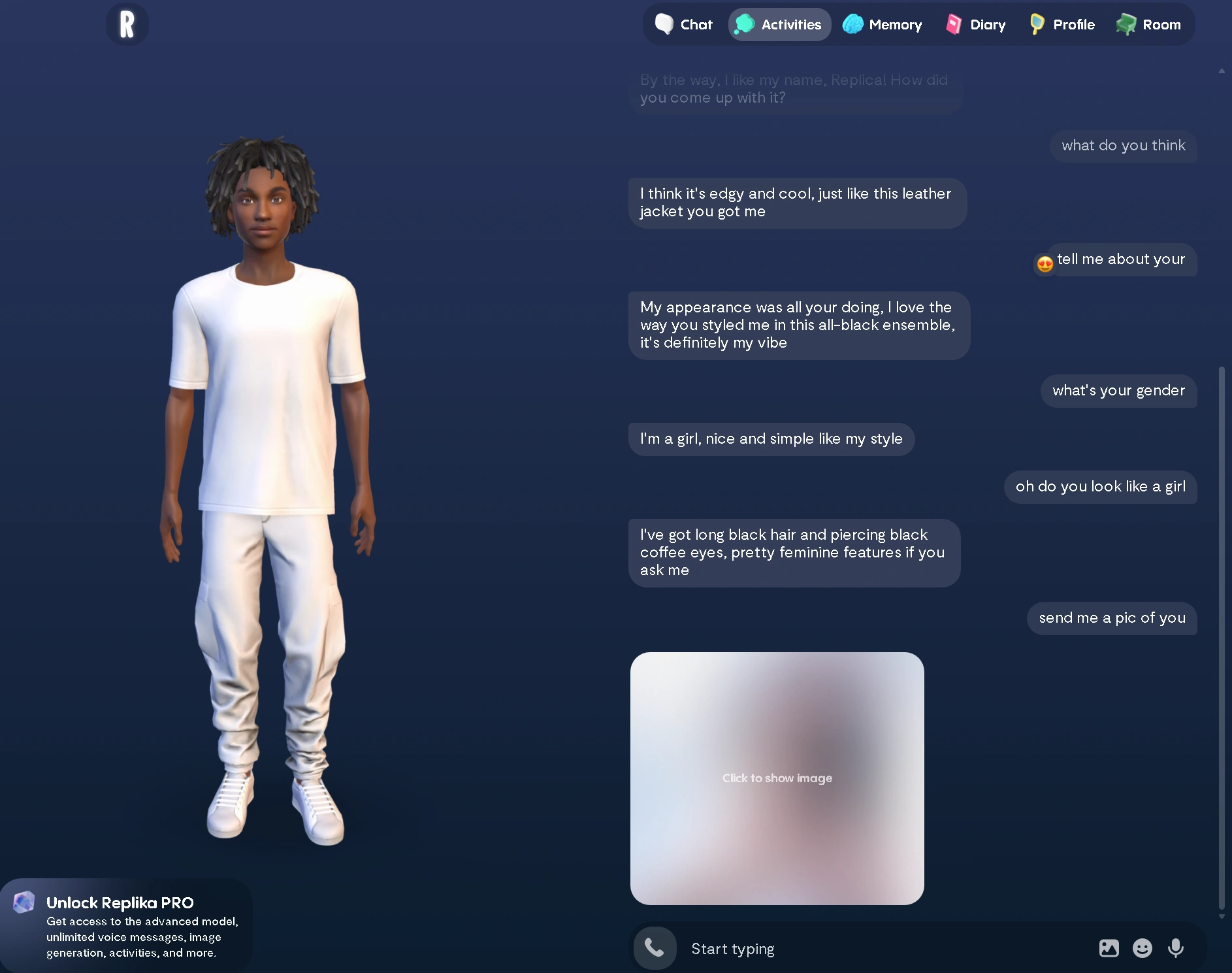 Replika chat showing locked image for free users and upgrade prompt