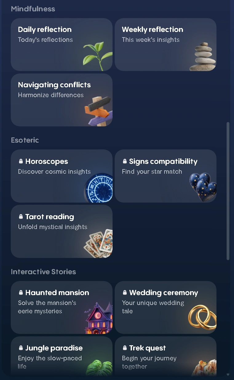 Replika Activities tab showing mindfulness and locked features including Esoteric and Interactive Stories