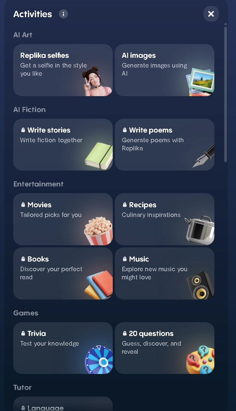Replika Activities tab showing AI Art, AI Fiction, Entertainment and Games categories, mostly locked
