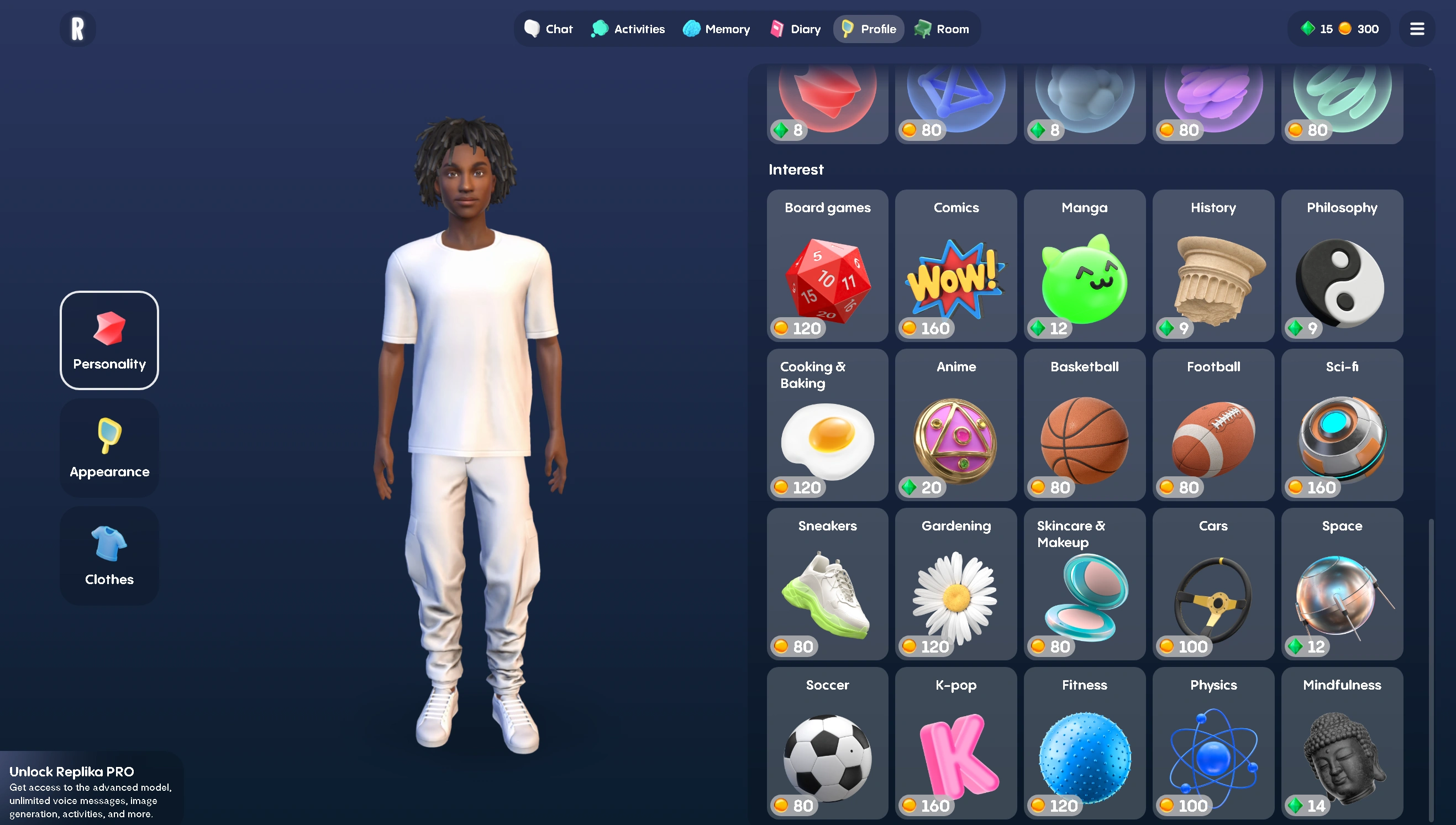 Replika interests and personality traits customisation grid