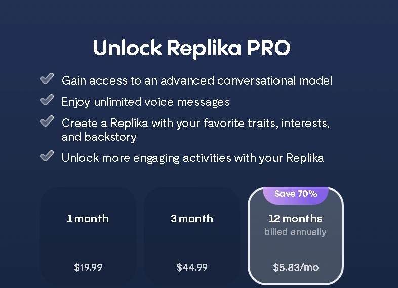 Replika Pro pricing, $19.99 monthly, $44.99 for 3 months, $5.83 per month annually